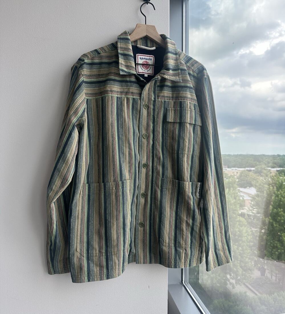 Komodo Kathmandu Cotton Woven Green Blue Beige Striped Button Up Long Sleeve L